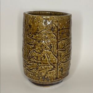 Rustic Brown Glazed Ceramic Vase with Tree Deco 7.5” tall 4.5” Opening